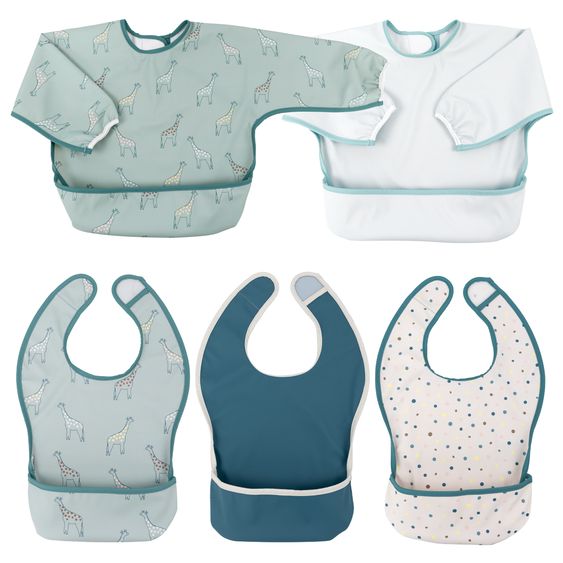 MiaMia 5-pc. Bib Set - 2 Sleeved Bibs + 3 Velcro Bibs - Giraffe / Dots / Plain - Green / Greige