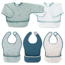 5-pc. Bib Set - 2 Sleeved Bibs + 3 Velcro Bibs - Giraffe / Dots / Plain - Green / Greige