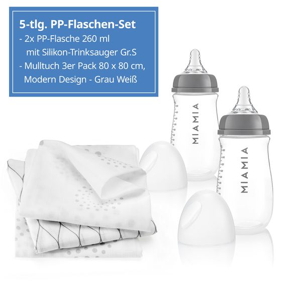 MiaMia Set 5 pz. di biberon PP 260 ml con tettarella in silicone Taglia S + 3 bavaglini