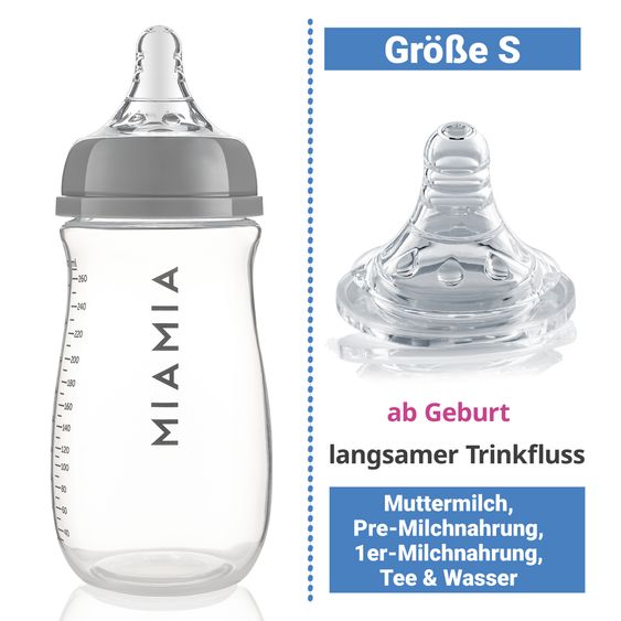MiaMia Set 5 pz. di biberon PP 260 ml con tettarella in silicone Taglia S + 3 bavaglini