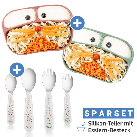 MiaMia 6-tlg. Geschirrset - 2x Silikon-Teller + 2x Edelstahl-Besteck - Salbei Beere