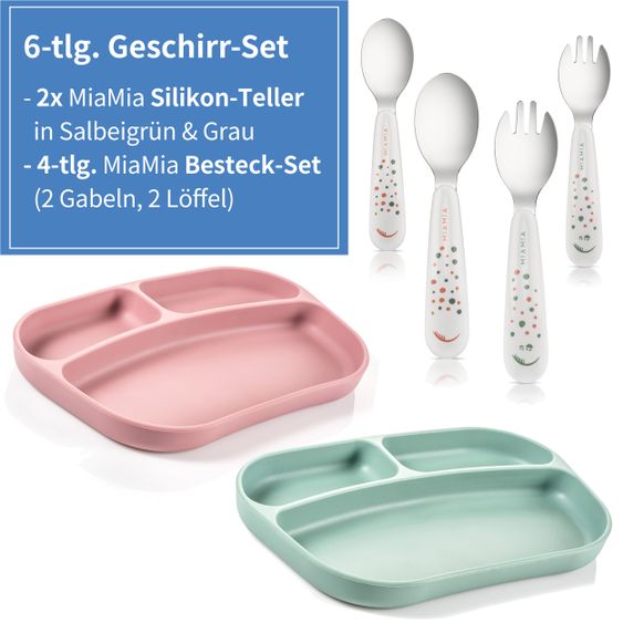 MiaMia 6-tlg. Geschirrset - 2x Silikon-Teller + 2x Edelstahl-Besteck - Salbei Beere