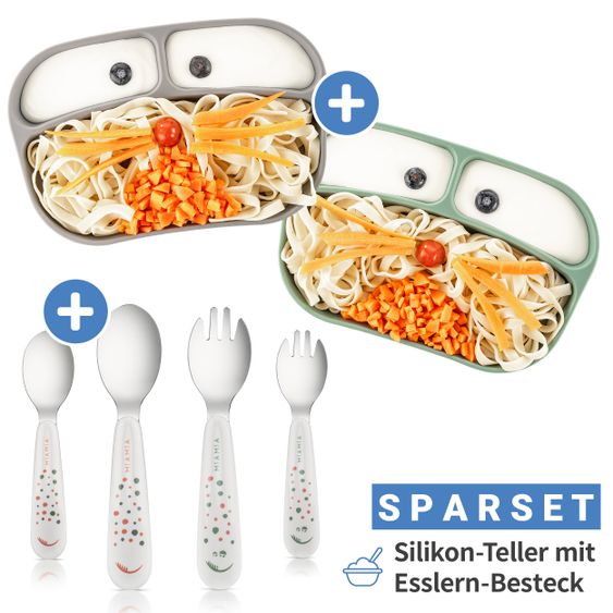 MiaMia 6-tlg. Geschirrset - 2x Silikon-Teller + 2x Edelstahl-Besteck - Salbei Grau