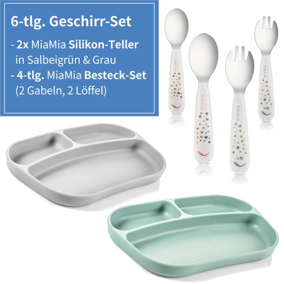 MiaMia 6-tlg. Geschirrset - 2x Silikon-Teller + 2x Edelstahl-Besteck - Salbei Grau