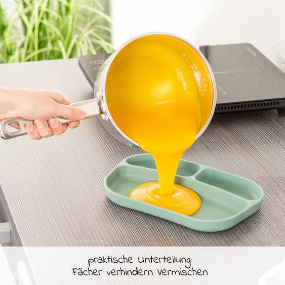 MiaMia 6-tlg. Geschirrset - 2x Silikon-Teller + 2x Edelstahl-Besteck - Salbei Grau