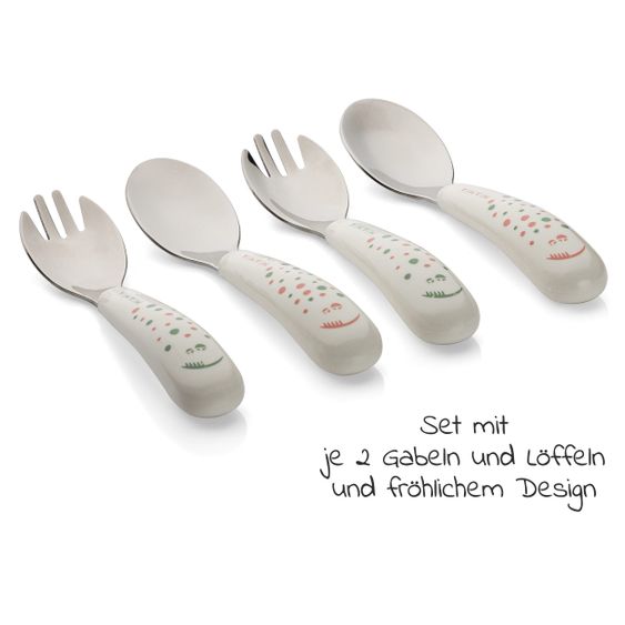MiaMia 6-tlg. Geschirrset - 2x Silikon-Teller + 2x Edelstahl-Besteck - Salbei Grau