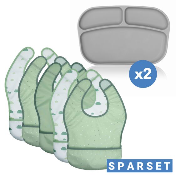 MiaMia 7-pcs Feeding Set - 5 Velcro Bibs + 2 Silicone Weaning Plates - Green / Grey