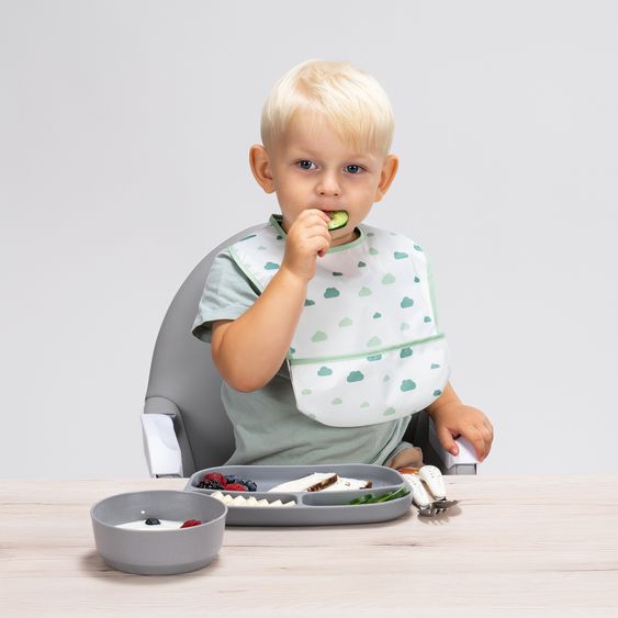 MiaMia 7-pcs Feeding Set - 5 Velcro Bibs + 2 Silicone Weaning Plates - Green / Grey