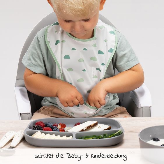 MiaMia 7-pcs Feeding Set - 5 Velcro Bibs + 2 Silicone Weaning Plates - Green / Grey