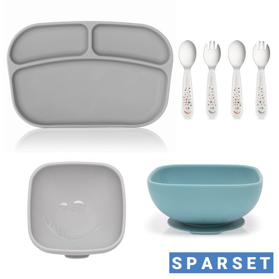 MiaMia 7-pc Weaning Set - 2 Silicone Bowls + 1 Silicone Plate + Cutlery (2 Spoons & 2 Forks) - Petrol / Grey
