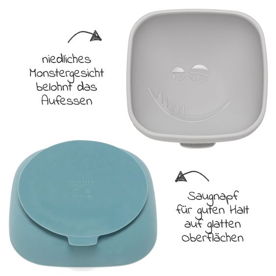 MiaMia 7-pc Weaning Set - 2 Silicone Bowls + 1 Silicone Plate + Cutlery (2 Spoons & 2 Forks) - Petrol / Grey