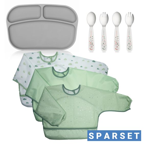 MiaMia 8-pc. Weaning Complete Set - 3 Sleeveless Bibs + Silicone Plate + Cutlery (2 Spoons & 2 Forks) - Green / Grey