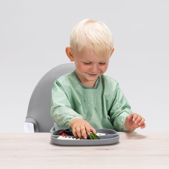 MiaMia 8-pc. Weaning Complete Set - 3 Sleeveless Bibs + Silicone Plate + Cutlery (2 Spoons & 2 Forks) - Green / Grey