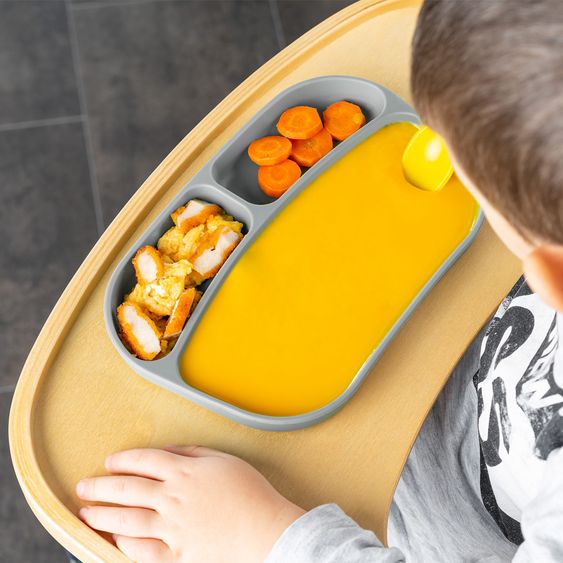 MiaMia 8-pc. Weaning Complete Set - 3 Sleeveless Bibs + Silicone Plate + Cutlery (2 Spoons & 2 Forks) - Green / Grey