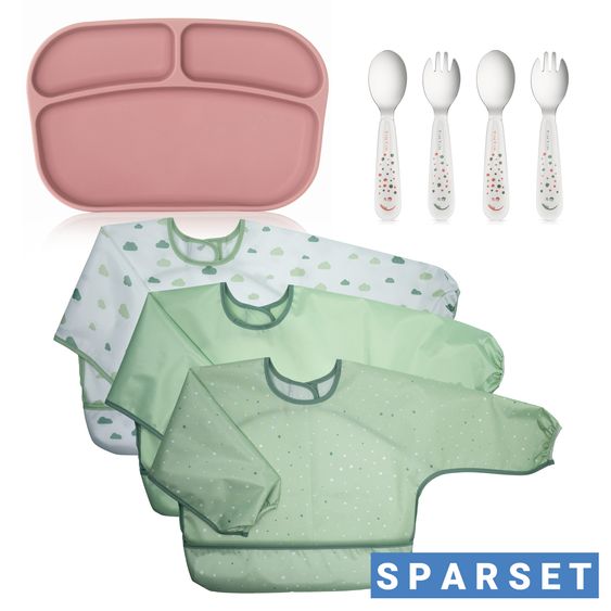 MiaMia 8-pc. Weaning Complete Set - 3 Sleeveless Bibs + Silicone Plate + Cutlery (2 Spoons & 2 Forks) - Green / Rose