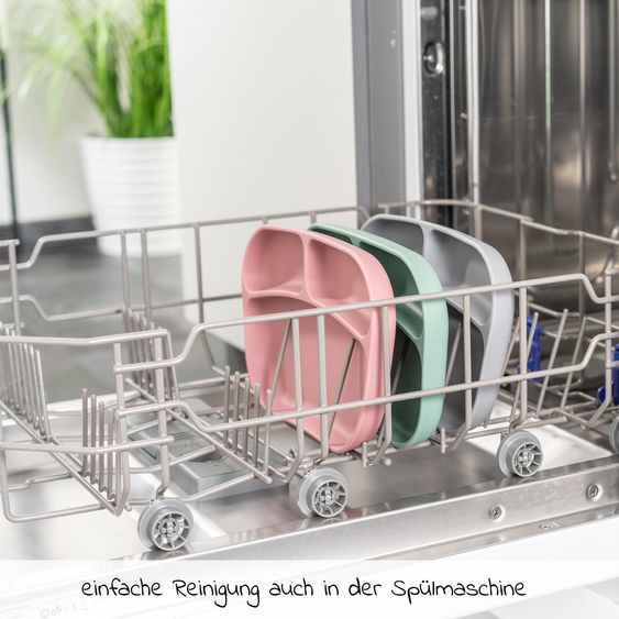 MiaMia 8-pc. Weaning Complete Set - 3 Sleeveless Bibs + Silicone Plate + Cutlery (2 Spoons & 2 Forks) - Green / Rose