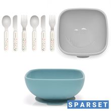 8-pcs Feeding Trainer Set - 2 Silicone Bowls + Cutlery (2 Spoons, 2 Forks & 2 Knives) - Petrol / Light Grey
