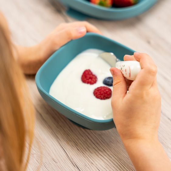 MiaMia 8-pcs Feeding Trainer Set - 2 Silicone Bowls + Cutlery (2 Spoons, 2 Forks & 2 Knives) - Petrol / Light Grey