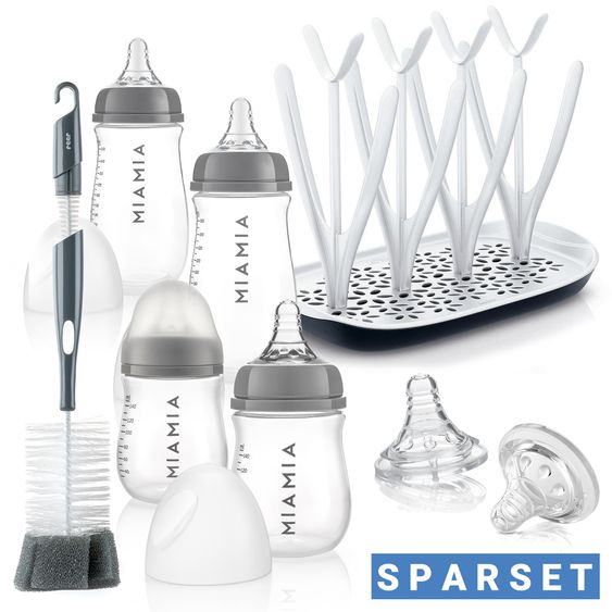 MiaMia Set Starter 8 pz. - 4 Biberon PP + Tettarella + Spazzola per biberon + Scolabiberon