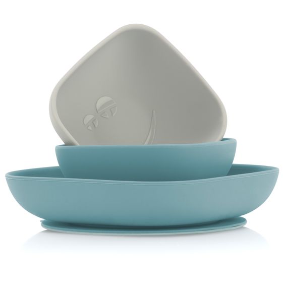 MiaMia 9-pcs. Weaning Set - 2 Silicone Bowls + 1 Silicone Plate + Cutlery (2 Spoons, 2 Forks & 2 Knives) - Petrol / Grey