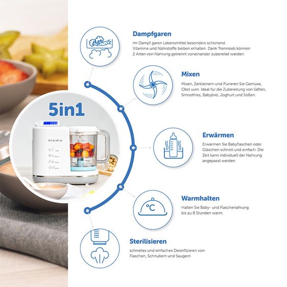 MiaMia Babynahrungszubereiter 5-in-1 (Dampfgaren, Mixen, Erwärmen, Warmhalten, Sterilisieren)