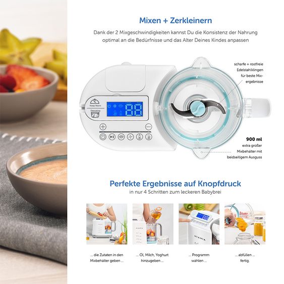 MiaMia Babynahrungszubereiter 5-in-1 (Dampfgaren, Mixen, Erwärmen, Warmhalten, Sterilisieren)