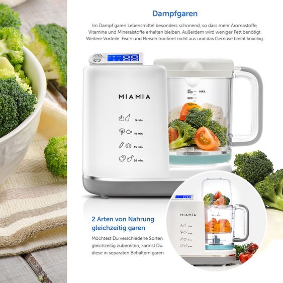 MiaMia Babynahrungszubereiter 5-in-1 (Dampfgaren, Mixen, Erwärmen, Warmhalten, Sterilisieren)