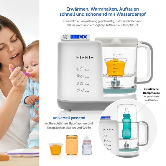 MiaMia Babynahrungszubereiter 5-in-1 (Dampfgaren, Mixen, Erwärmen, Warmhalten, Sterilisieren)