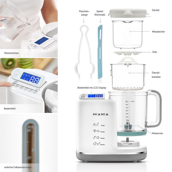 MiaMia Babynahrungszubereiter 5-in-1 (Dampfgaren, Mixen, Erwärmen, Warmhalten, Sterilisieren)