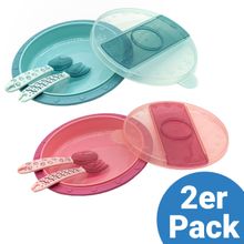 Babyteller zum Mitnehmen inkl. Besteck 2er Pack - Grün & Pink