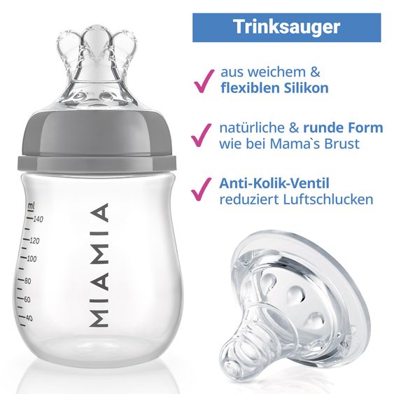 MiaMia PP bottle 140 ml with silicone teat size S - gray