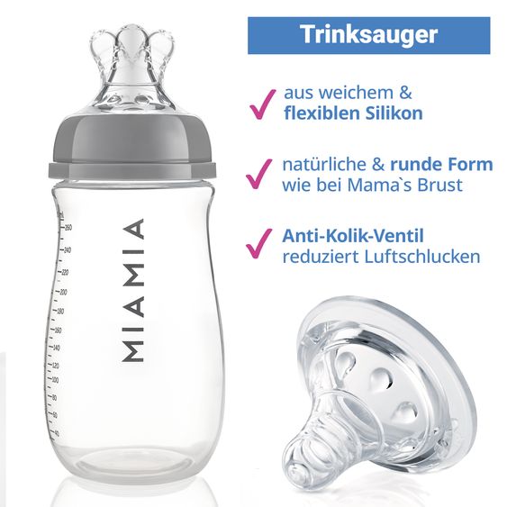 MiaMia PP bottle 260 ml with silicone teat size S - gray