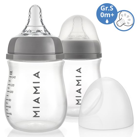 MiaMia PP-Flasche 2er Pack 140 ml + Silikon-Trinksauger Gr.S - Grau