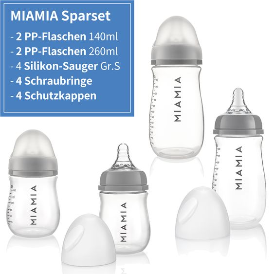 MiaMia PP bottle 4-pack 140 ml & 260 ml + silicone teat size S - gray