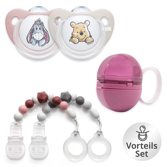 MiaMia Set di 6 pezzi - 2x succhietti in silicone Nuk Disney Trendline + 2x catenella portaciuccio + 2x scatola portaciuccio - Grigio Bacca