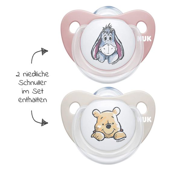 MiaMia 6-tlg. Schnuller-Set - 2x Nuk Disney Trendline Silikon-Schnuller + 2x Schnullerkette + 2x Schnullerbox - Beere Grau