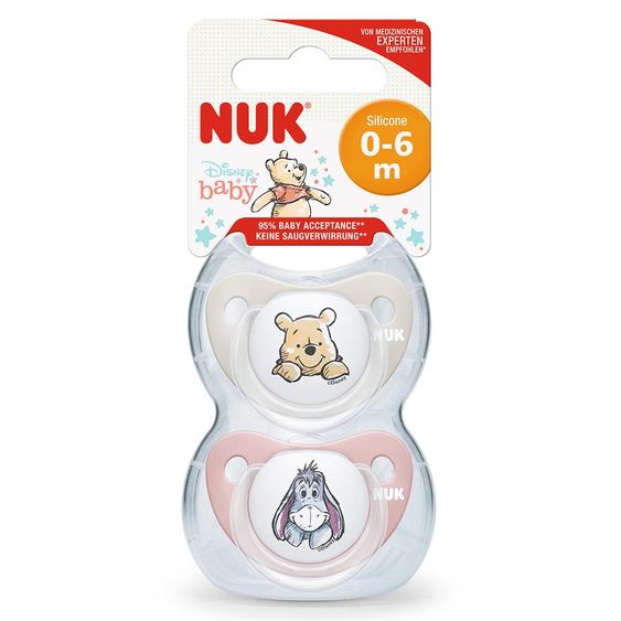 MiaMia 6-tlg. Schnuller-Set - 2x Nuk Disney Trendline Silikon-Schnuller + 2x Schnullerkette + 2x Schnullerbox - Beere Grau