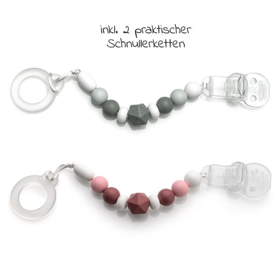 MiaMia 6-tlg. Schnuller-Set - 2x Nuk Disney Trendline Silikon-Schnuller + 2x Schnullerkette + 2x Schnullerbox - Beere Grau