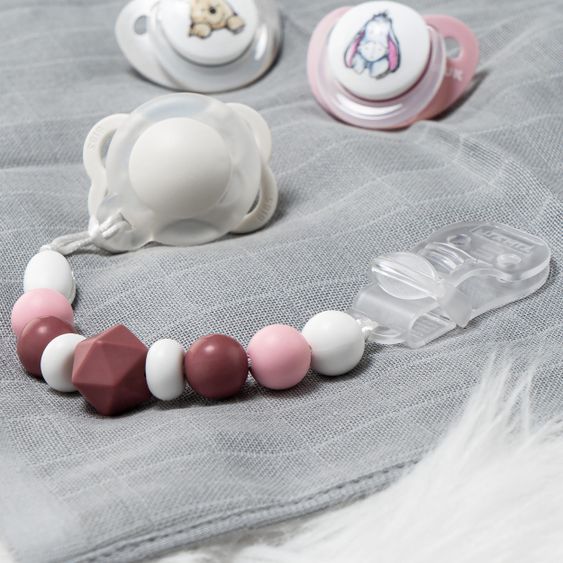 MiaMia 6-piece pacifier set - 2x Nuk Disney Trendline silicone pacifiers + 2x pacifier chain + 2x pacifier box - Berry Gray