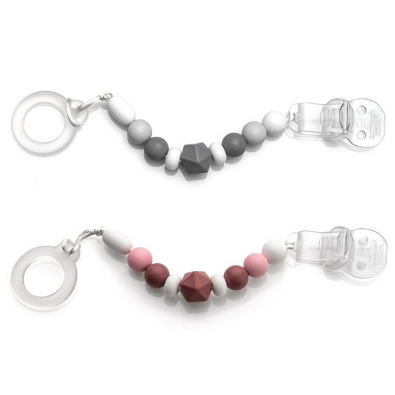 MiaMia Pacifier chain with silicone beads & rubber ring incl. clip - Set of 2 - Grey Berry