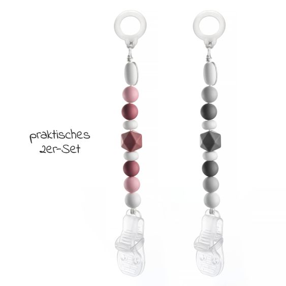 MiaMia Pacifier chain with silicone beads & rubber ring incl. clip - Set of 2 - Grey Berry