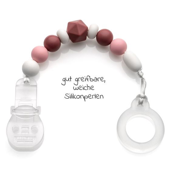 MiaMia Pacifier chain with silicone beads & rubber ring incl. clip - Set of 2 - Grey Berry