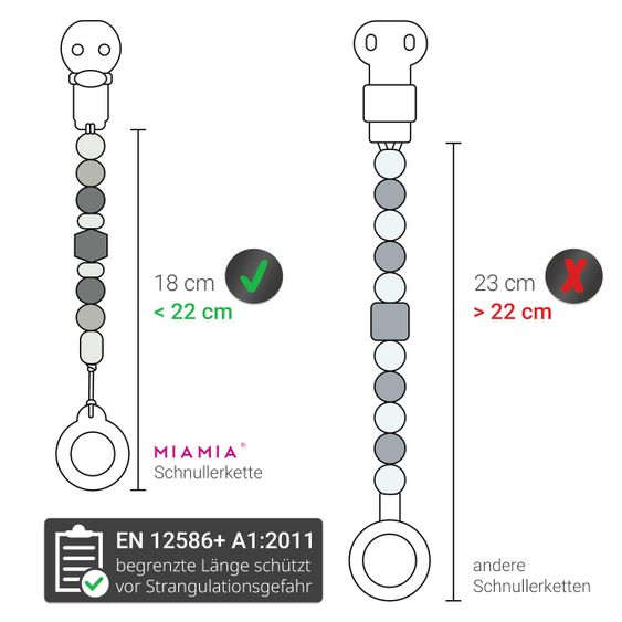 MiaMia Pacifier chain with silicone beads & rubber ring incl. clip - Set of 2 - Grey Berry