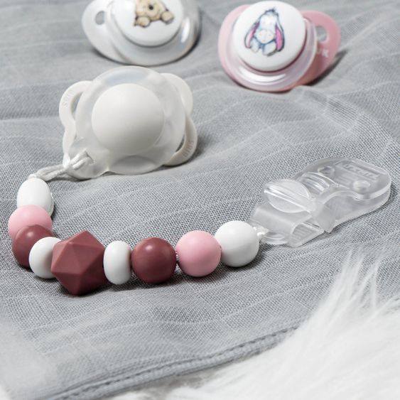 MiaMia Pacifier chain with silicone beads & rubber ring incl. clip - Set of 2 - Grey Berry