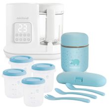 12-tlg. Babynahrungszubereitungs-Set - Dampfgarer Chefy6 + 4 Frischhalteboxen + Isolierbehälter & Besteck - Azure