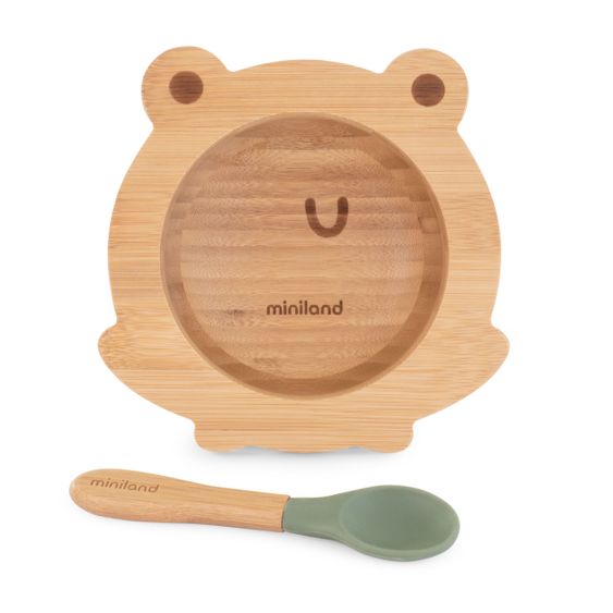 Miniland 2-pcs. learning to eat set bamboo - bowl with suction cup + spoon - eco friendly - Frog