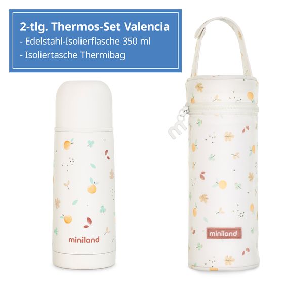 Miniland Set di 2 thermos da 350 ml per bambini in acciaio inox Thermy con borsa isolante Thermibag - per l'alimentazione in movimento - Valencia