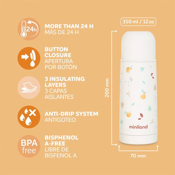Miniland Set di 2 thermos da 350 ml per bambini in acciaio inox Thermy con borsa isolante Thermibag - per l'alimentazione in movimento - Valencia