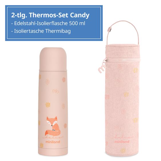 Miniland 2-piece thermos set 500 ml baby stainless steel insulated bottle Thermy with insulated bag Thermibag - for feeding on the go - Candy