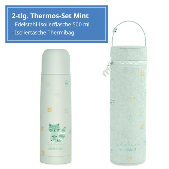 Miniland 2-piece thermos set 500 ml baby stainless steel insulated bottle Thermy with insulated bag Thermibag - for feeding on the go - Mint